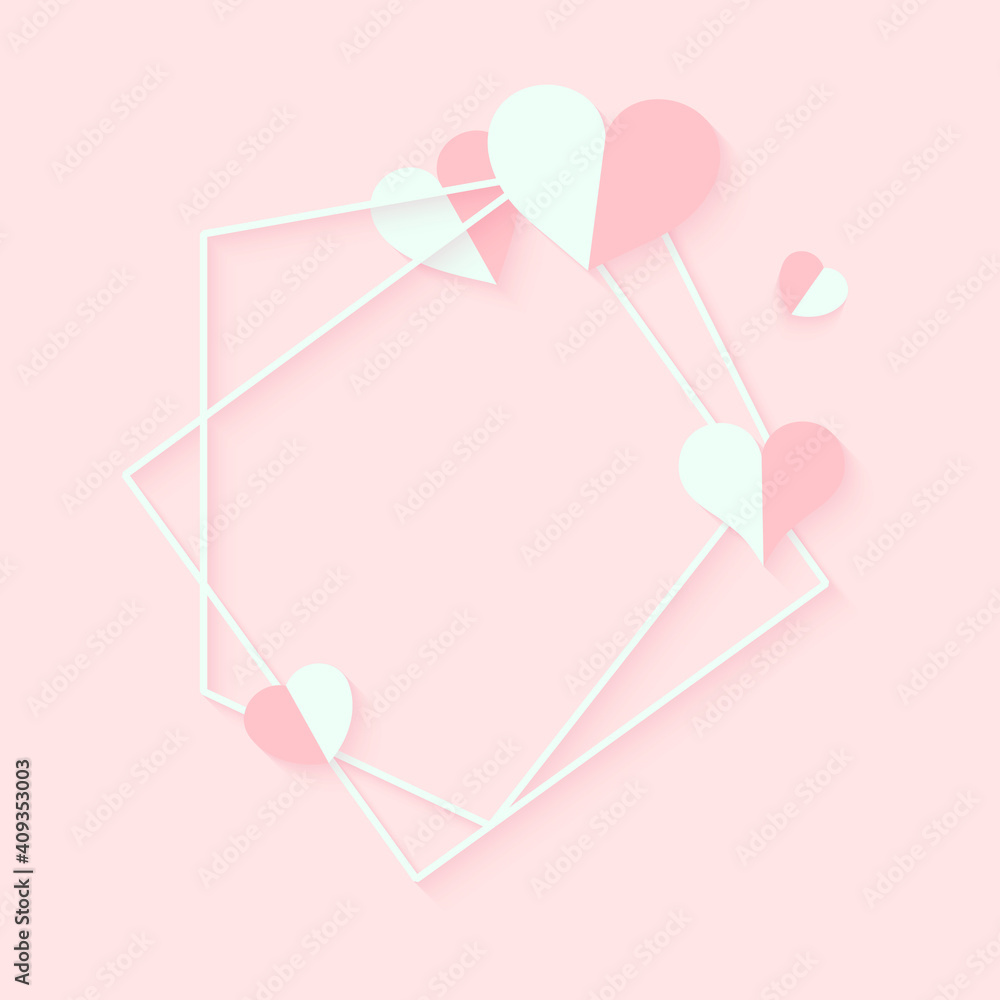 Abstract polygonal geometric white frame with pink hearts. Template empty text banner for Valentines day. Design element polyhedron frame for wedding invitation card. Closeup Vector illustration