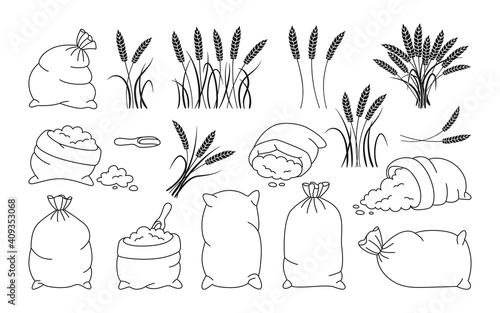 Bag flour and wheat ears, black line set. Heap flour, grain spikelets collection. Outline bread and harvest agricultural symbol flour production. Design farm elements, organic packaging label vector