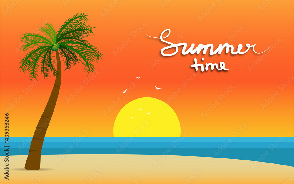 Summer time or Hello Summer illustration with sea view, beach ball, surfer board in paper cut out style, vector illustration. 
