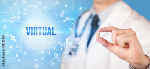 Doctor giving a pill with VIRTUAL inscription, new technology solution concept