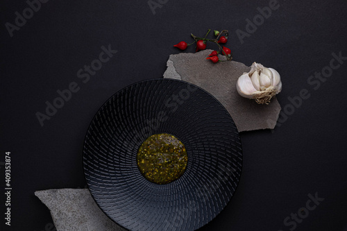overhead photograph of hot sauce and its components