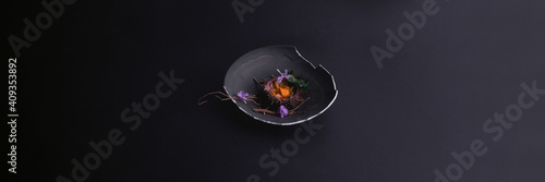 photograph of a prepared uni dish on a dark background