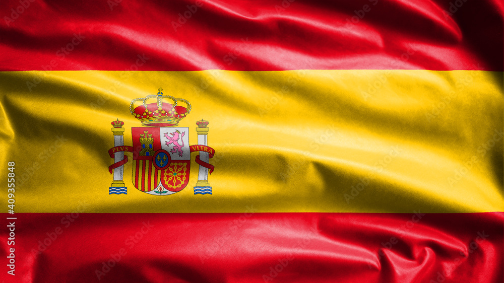 Spanish flag waving in the wind. Close up of Spain banner blowing, soft silk Spanish flag waving in the wind. Close up of Spain banner blowing, soft silk