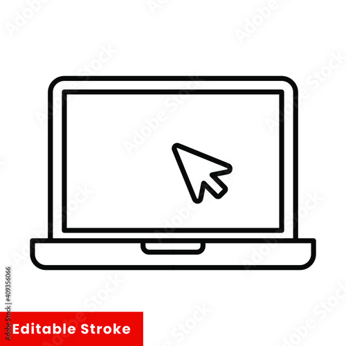 Laptop with pointer or cursor icon. Simple line style for web template and app. Online, PC, registration, internet, book, mouse, vector illustration design on white background. Editable stroke EPS 10