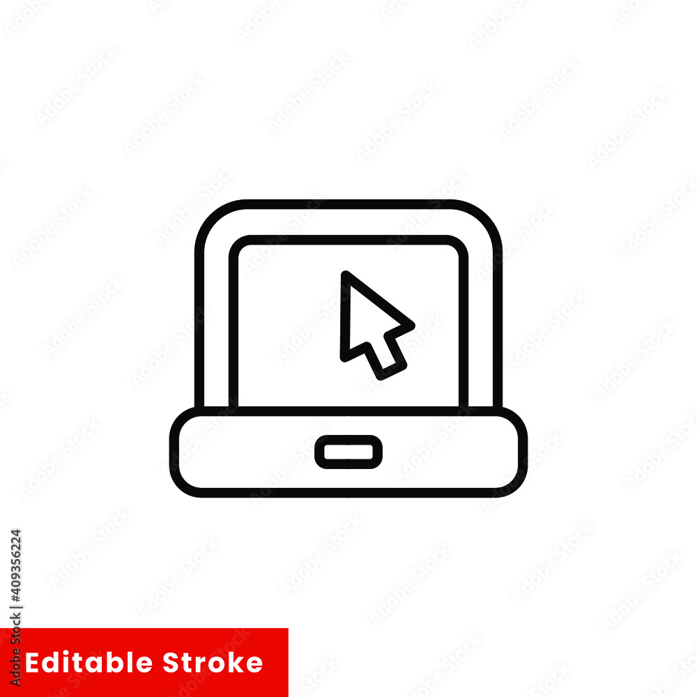 Laptop with pointer or cursor icon. Simple line style for web template and app. Online, PC, registration, internet, book, mouse, vector illustration design on white background. Editable stroke EPS 10 Laptop with pointer or cursor icon. Simple line style for web template and app. Online, PC, registration, internet, book, mouse, vector illustration design on white background. Editable stroke EPS 10