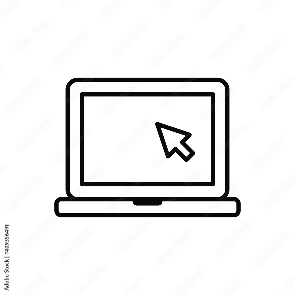 Laptop with pointer or cursor icon. Simple line style for web template and app. Online, PC, registration, internet, book, mouse, vector illustration design on white background. EPS 10 Laptop with pointer or cursor icon. Simple line style for web template and app. Online, PC, registration, internet, book, mouse, vector illustration design on white background. EPS 10