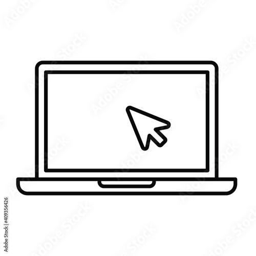 Laptop with pointer or cursor icon. Simple line style for web template and app. Online, PC, registration, internet, book, mouse, vector illustration design on white background. EPS 10