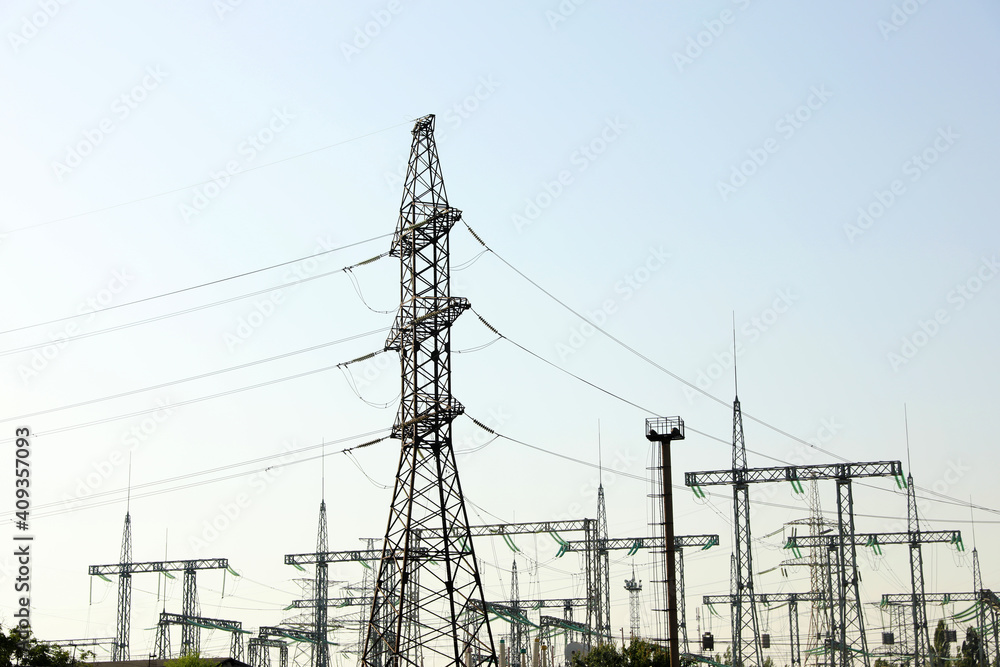 Modern electrical substation on sunny day, low angle view Modern electrical substation on sunny day, low angle view
