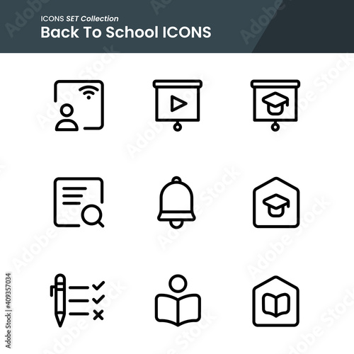 icon set of school elementary zoom call, e learning, bell and many more. with line style vector. suitable use for web app and pattern design.