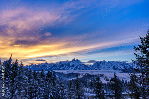 Dramatic Sunset over the Grand Tetons in Jackson Hole during Winter