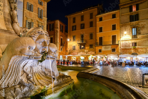 Photography Closeup of the Pantheon Fountain or Fontana del Pantheon in the Piazza della Rot