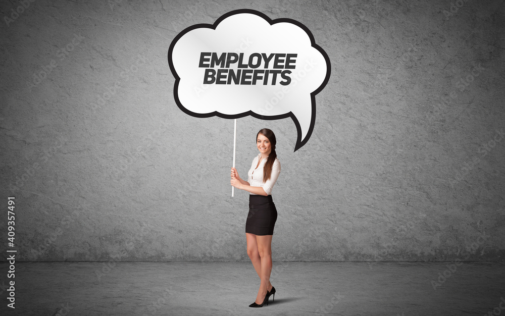 Young business person in casual holding road sign with EMPLOYEE BENEFITS inscription, new business idea concept Young business person in casual holding road sign with EMPLOYEE BENEFITS inscription, new business idea concept