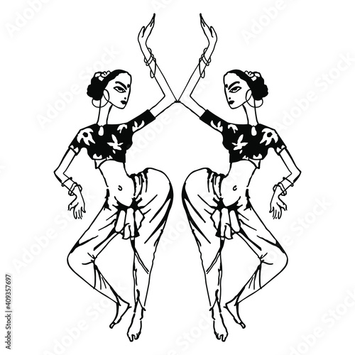 Symmetrical art with two dancing Indian girls. Hindu dancer. Hand drawn ink sketch. Black and white silhouette. photo