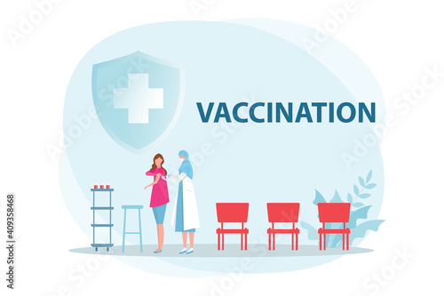 Female doctor with syringe makes vaccinations, Health vaccination doctor, immunization in clinic vector illustrator.