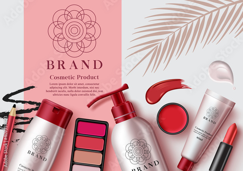 Cosmetic mock up products vector template design. Make up cosmetics product with elements like face cream, eye shadow palette and lipstick for beauty make over brand advertisement. Vector illustration