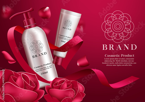 Cosmetics product vector banner template. Cosmetic products mock up in elegant background with bottle element in rose fragrance for face and body skin care brand advertisement design. 