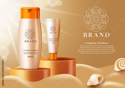 Cosmetic products sunscreen vector template design. Cosmetics product for summer mock up skin care in 3d realistic sunblock lotion bottles element for promotion advertisement. Vector illustration