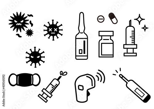 ウイルス対策のアイコン・ピクトグラムセット　体温計・ウイルスワクチンなど