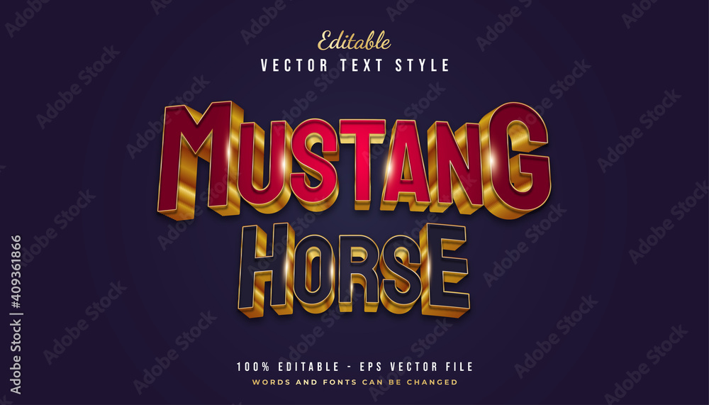 Mustang Horse text in red, blue and gold style with 3d effect. Editable Text Effect