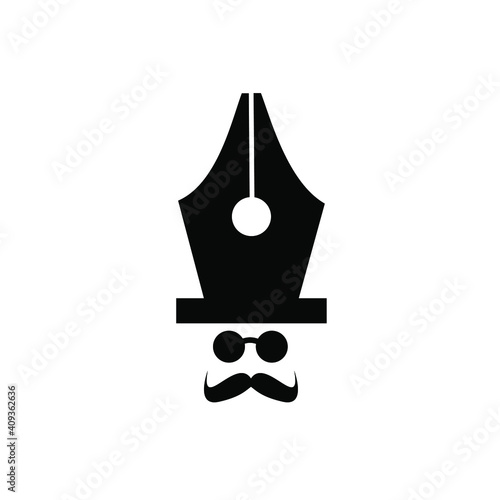 Vector mr pen writer. Fountain pen, the man with the mustache and his hat logo icon illustration flat design