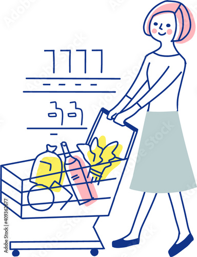 ショッピングカートを押して買い物をする女性