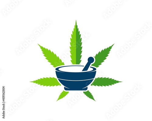 Green cannabis leaf with medical mortar and pestle