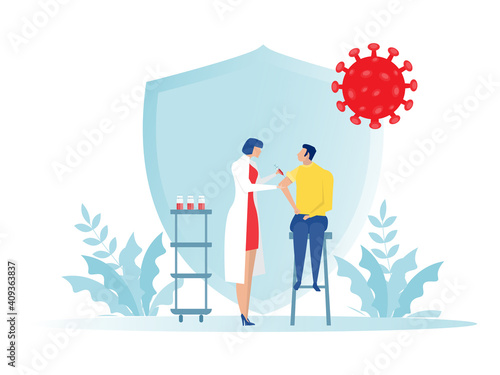 Female doctor with syringe makes vaccinations, Health vaccination doctor, immunization in clinic vector illustrator.