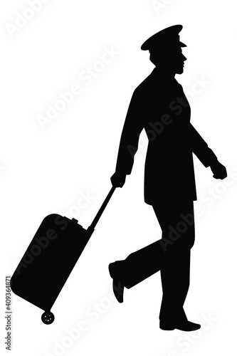 Airline pilot with suitcase silhouette vector on white background
