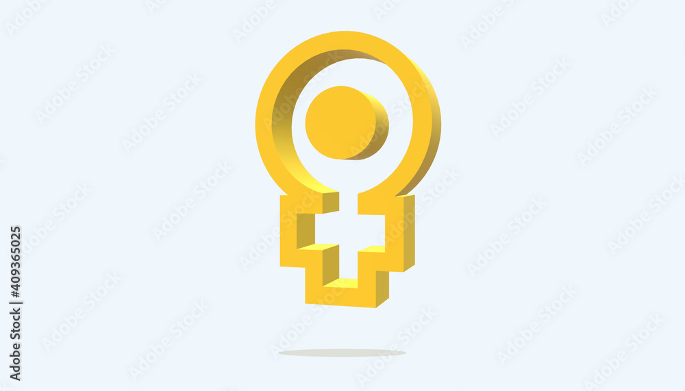 Obraz premium Digital graphic, logo, poster. The female sign. 3D illustration. A symbol of a circle with an inverted cross. Simplicity and elegance in the icon in yellow tones and design effects. Feminine gender.