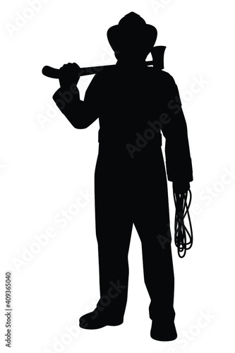 Firefighter with equipment silhouette vector on white background