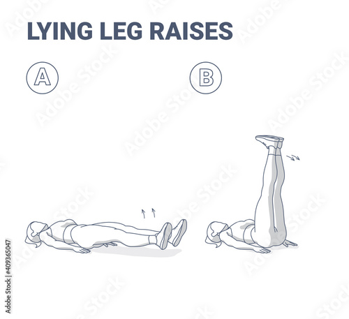 Lying Leg Raises Girl Home Workout Exercise Guidance. Young Athletic Female Raising Both Legs Lying on the Floor Concept