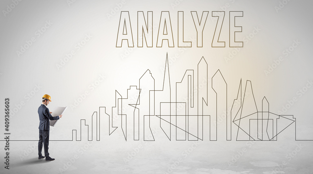 Businessman in hard hat holding blueprint with ANALYZE inscription, engineering and architecture concept Businessman in hard hat holding blueprint with ANALYZE inscription, engineering and architecture concept