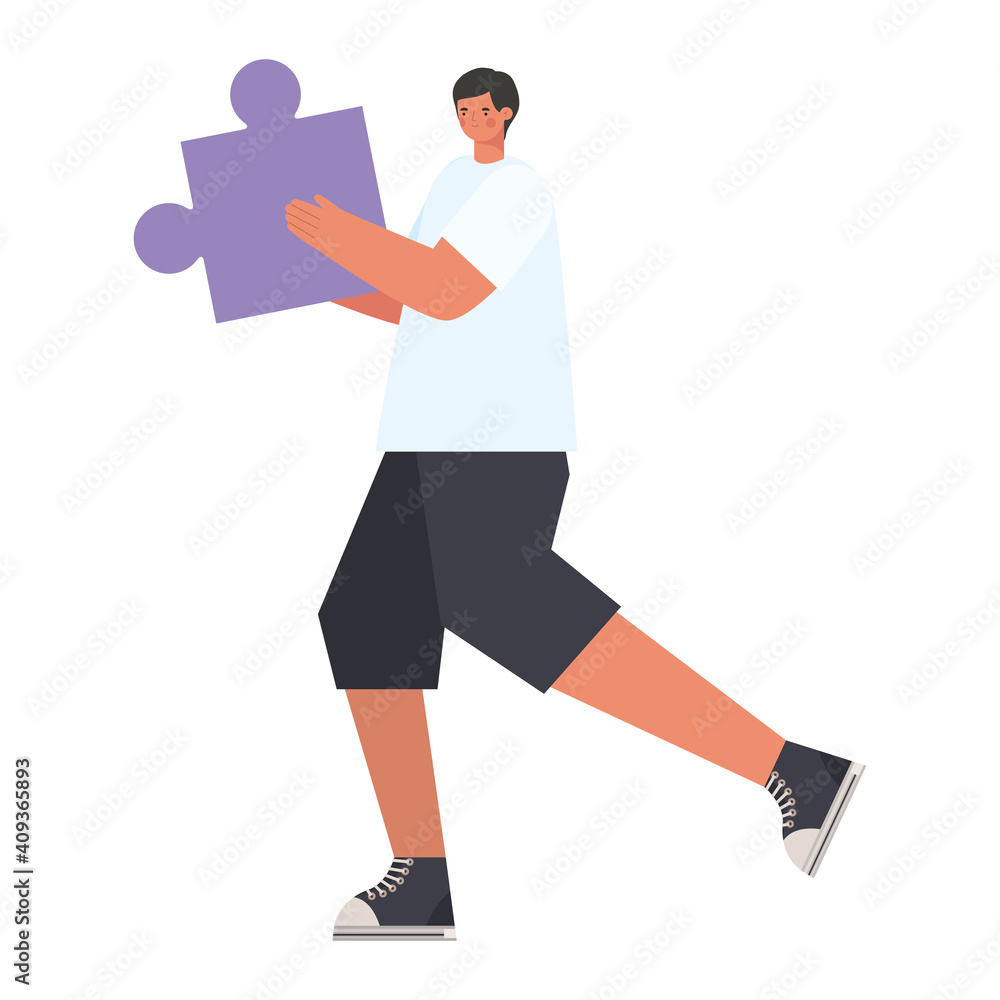 man with a purple puzzle piece on a white background