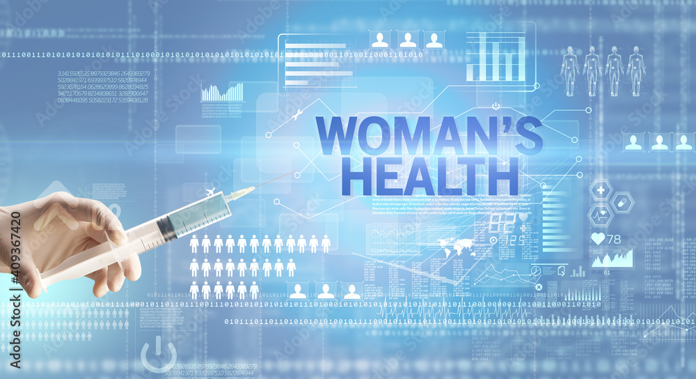 Close-up view of doctor's hand in a white glove holding syringe with WOMAN’S HEALTH inscription, healthcare and medical concept Close-up view of doctor's hand in a white glove holding syringe with WOMAN’S HEALTH inscription, healthcare and medical concept