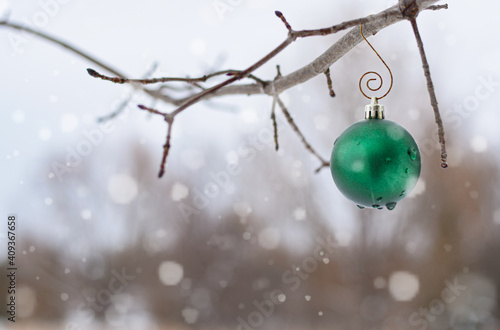 Green Christmas ornament hanging on a tree branch outside with blurred background