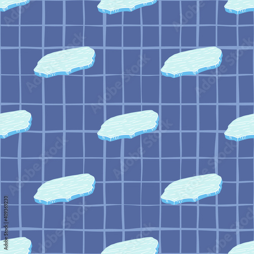 Winter cold climate seamless pattern with doodle ice floe print. Blue chequered background. Kids style.