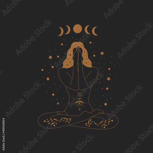 Sacred Witch/magic woman and mystical Symbols. Flat vector illustration. Ornament beautiful girl in a yoga pose. Lotus meditation. International yoga day card. Vector illustration.