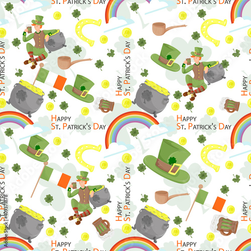 Seamless background for the St. Patricks Day holiday theme design sitting guy with a mug of ale and a pot of gold coins rainbow of good luck