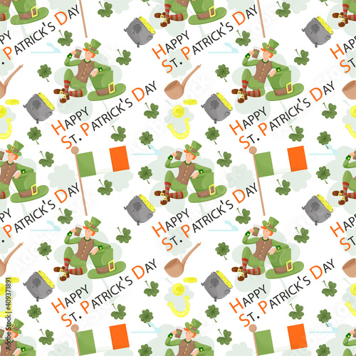 Seamless background for the St. Patricks Day theme design a guy in a leprechaun costume with a mug of ale a green hat the flag of Ireland and a leaf of clover