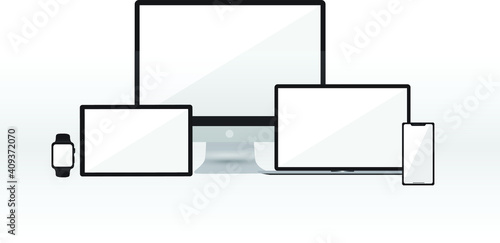 Mockup of monitor computer, laptop, smart watch, tablet and smartphone. Technology mockup for responsive design presentation.