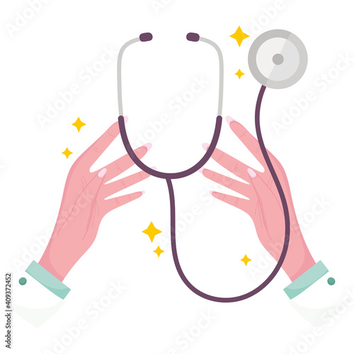 hands female doctor with stethoscope medical equipment