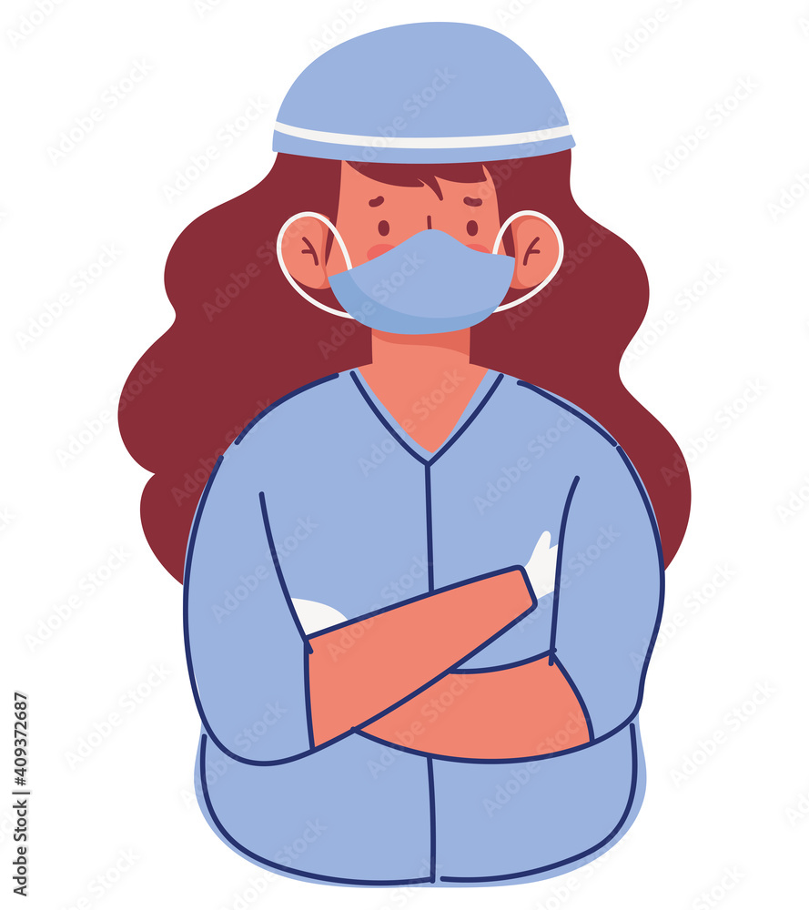 female nurse with suit hat and protective mask cartoon
