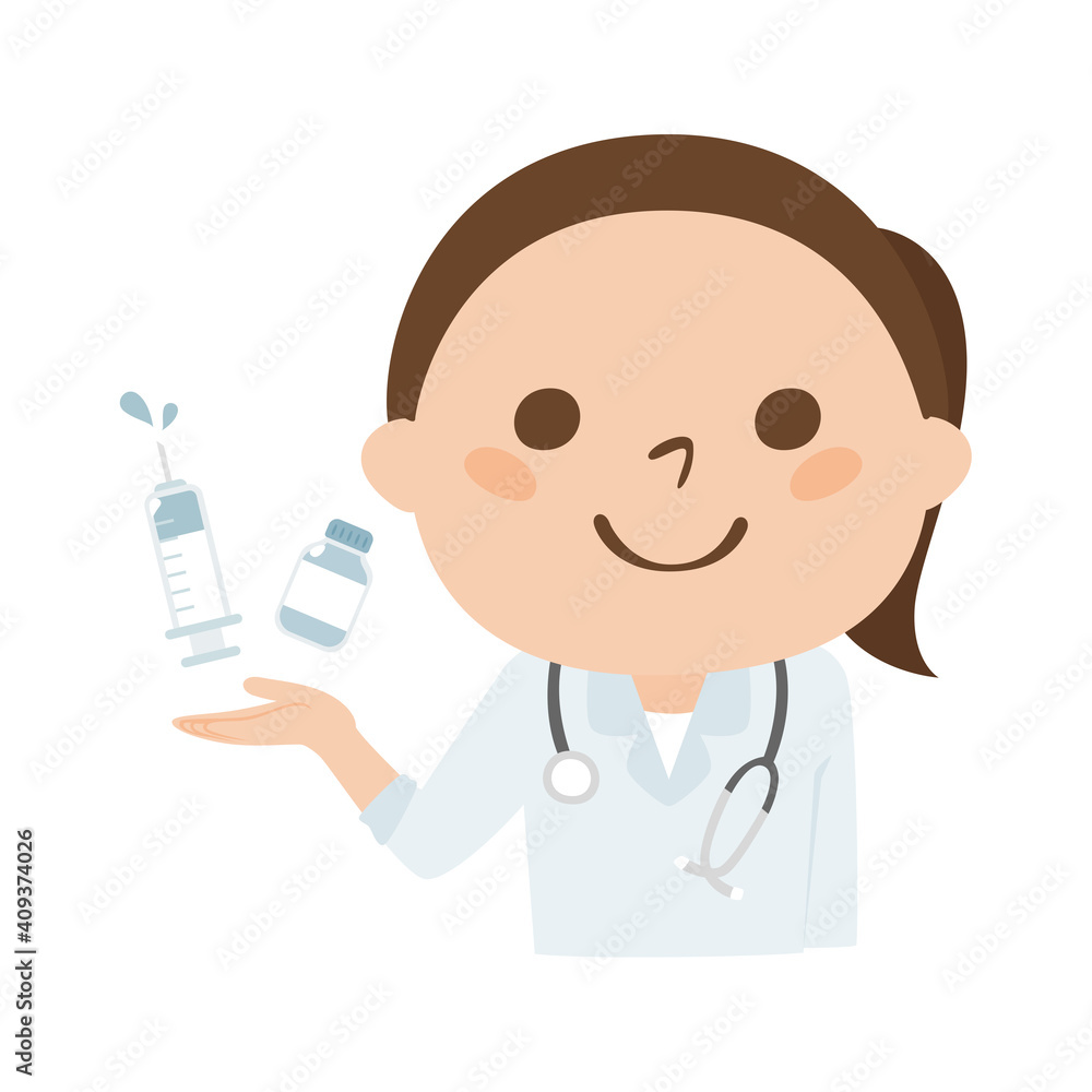 女性の医者のイラスト。ワクチンと注射器を持ってる女性。 女性の医者のイラスト。ワクチンと注射器を持ってる女性。