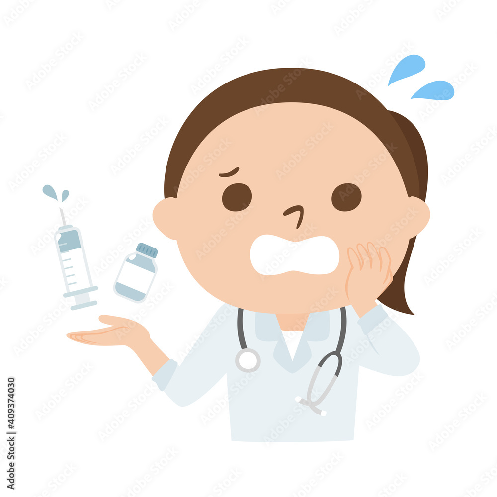女性の医者のイラスト。ワクチンと注射器を持って慌ててる女性。 女性の医者のイラスト。ワクチンと注射器を持って慌ててる女性。