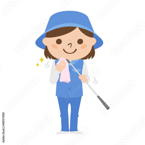 ゴルフ場で働く女性キャディのイラスト。ゴルフクラブの汚れをタオルで清潔にしてる女性。