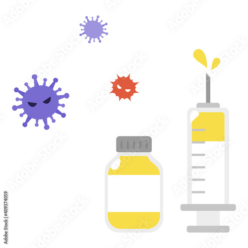 ワクチンが入った容器と注射器とウイルスのイラスト。