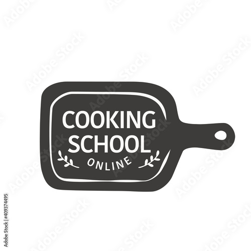 Hand drawn cutting board illustration, logo design for online cooking school