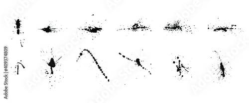 a collection of black ink splashes for graphic design elements. Abstract ink stroke and splash texture on white paper. Hand drawn illustration brush for dirty texture.