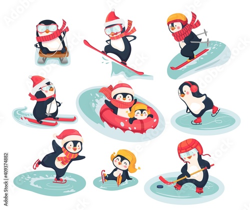 Penguins athletes. Sports characters icons flat illustration