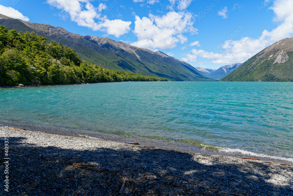 Lake Rotoiti, an alpine lake in the Tasman region of New Zealand
